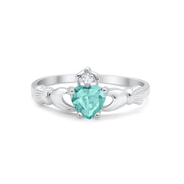 Irish Claddagh Heart Promise Ring Simulated Paraiba Tourmaline CZ 925 Sterling Silver